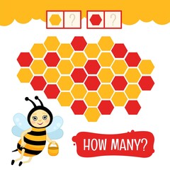 Counting educational children game, math kids activity sheet. How many  red and white hexagons?