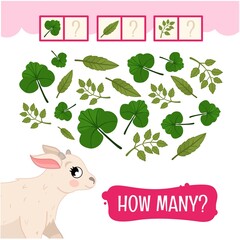 Counting educational children game, math kids activity sheet. How many  leaves?
