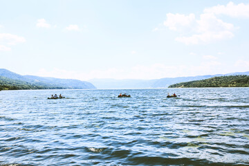 Adventure on the water, exploring, kayaking on the river, group of kayakers on Danube river. Beautiful summer nature landscape.