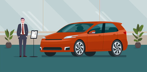 A male car dealer sells an car in a car dealership. Vector illustration. © lyudinka