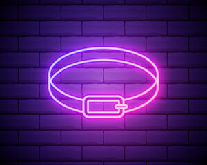 Glowing neon Collar with name tag icon isolated on brick wall background. Simple supplies for domestic animal. Cat and dog care. Pet chains. Vector Illustration