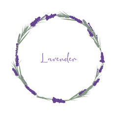 lavender frame, circle round wreath lila flowers leaves. vector herbal plant set