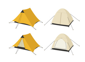 Vector illustration of two tents in an open and closed state. Hand-drawn set isolated on white. Suitable for illustrating things for travel, camping gear stores, an illustration of nature tourism.