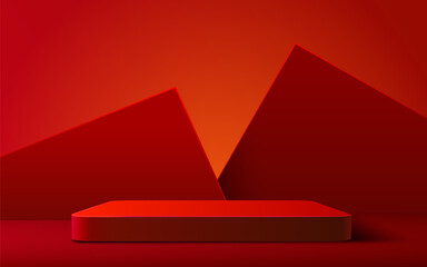 Abstract scene background. Rectangle podium on red background. Product presentation, mock up, show cosmetic product, Podium, stage pedestal or platform. - obrazy, fototapety, plakaty