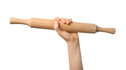 Female hand with rolling pin on white background