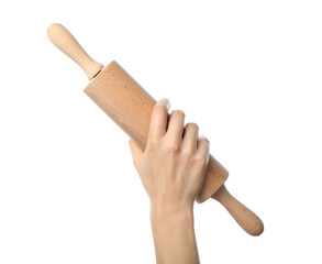 Female hand with rolling pin on white background