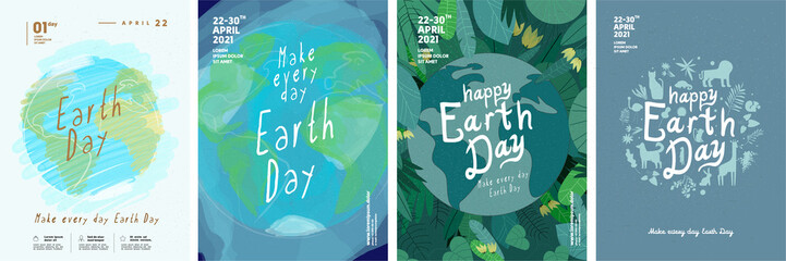 Earth Day. International Mother Earth Day. Earth Plants and Animals. Environmental problems and environmental protection. Vector illustration. Set of vector illustrations