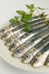 Sardinas crudas en un plato sobre fondo blanco