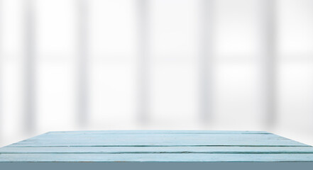 empty wooden table on background of abstract blur white interior, montage, product display, inside and window..