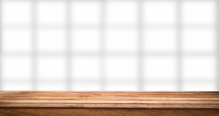 empty wooden table on background of abstract blur white interior, montage, product display, inside and window..