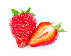 One strawberry fruit and a half cut isolated on white background with copy space