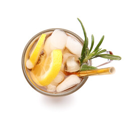 Cup of cold black tea with lemon on white background