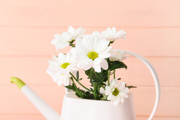 Watering can with spring flowers on color wooden background