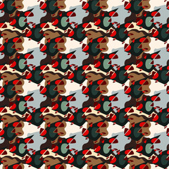 Urban seamless modern pattern with curved chaotic abstract geometry elements and spots