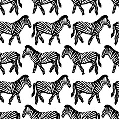 Fototapeta na wymiar Zebras seamless pattern, wild animals illustrations, safari, ethno, african, black, white, linocut, hand-printed