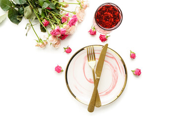 Festive table setting for Valentines Day celebration on white background