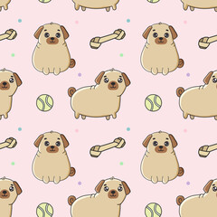 Seamless pattern with сute dog breed pug and dog toys. Excellent design for packaging, wrapping paper, textile etc.