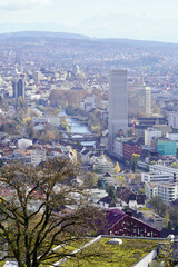 Panoramic view over the city of Zurich, Switzerland, from hill top position