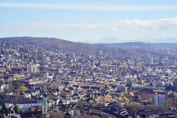 Fototapeta na wymiar View of the city of Zurich, Switzerland, from the top of the hill.