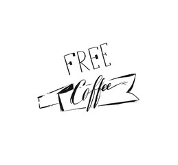 Hand drawn vector abstract artistic ink sketch drawing handwritten free coffee calligraphy text and ribbon isolated on white background.Coffee shop concept
