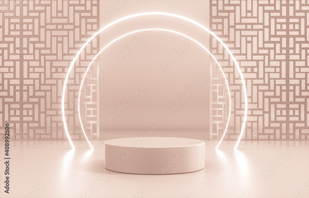 Aufkleber chinese background with podium and neon light for product display. 3d render.