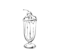 Hand drawn vector abstract artistic cooking ink sketch illustration drawing of milkshake cocktail and whipped cream in glass isolated on white background.Diet detox concept