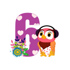 Number six and a little owl. Perfect for greeting cards, party invitations, posters, stickers, pin, scrapbooking, icons. Birthday concept