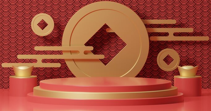 Chinese new year, 3D rendering of a Mock up podium for product presentation, abstract minimal concept, Showcase, geometric background, Product Presentation
