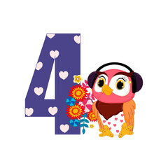Number four and a little owl. Perfect for greeting cards, party invitations, posters, stickers, pin, scrapbooking, icons. Birthday concept