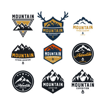 Mountain badges set. Adventure outdoor creative vintage logo design. Climbing hiking emblem collection. Vector illustration. 