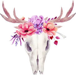 Beautiful skull with flowers and horns. Watercolor illustration - 408994147