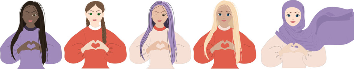 International Women's Day. Vector illustration with women of different nationalities and cultures folded their hands in the shape of heart. Fight for freedom, independence, equality.