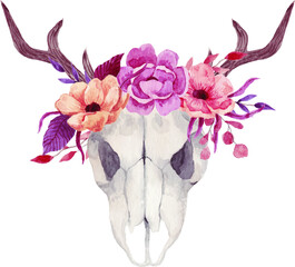 Beautiful skull with flowers and horns. Watercolor illustration - 408994165