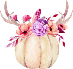 Beautiful pumpkin with flowers. Watercolor illustration - 408994192