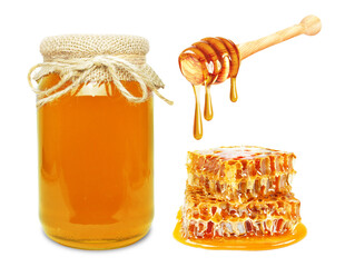 multiflorous honey in a jar, honeycomb and dipper