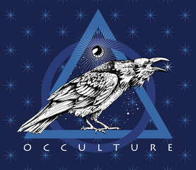 Crow and Mystic Eye Symbol on a stars blue background. Creative occulture poster, t-shirt composition, hand drawn style print. Vector illustration.