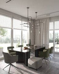 Minimalism modern interior design. Studio dining room with luxury table and green chairs. 3d rendering. 3d illustration.