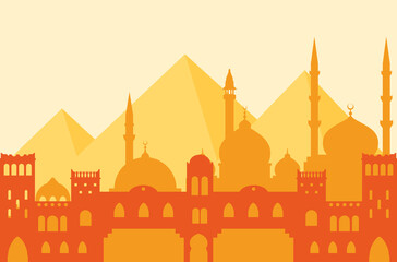 Egypt. Silhouette of Cairo, Arab architecture, mosques and the great pyramids of Giza. - obrazy, fototapety, plakaty