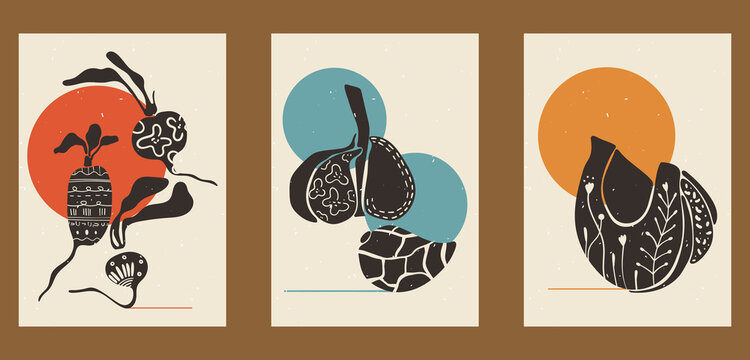 Vintage illustrations of vegetables. Set of three posters for menu design, restaurant decor, grocery stores, social media. Minimalistic backgrounds with circles, radish, garlic, pumpkin, patterns.
