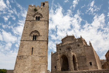 Erice cathedral Duomo dell'Assunta with its separate bell tower, Erice, Sicily, Italy