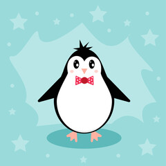 Penguin on a winter blue background with an iceberg ice floe. Winter postcard. Christmas or New Year background. Flat illustration of animals.