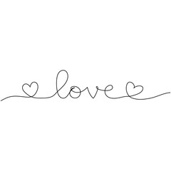 Love word in two hearts. Continuous one line drawing. Minimalism design. Vector illustration.