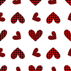 Trendy seamless pattern of hearts made of black-red check fabric for festive romantic wrapping paper, fabric, textile, bed linen, bedspreads. Valentine's day template. 