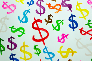 Pattern from colored symbols of dollar, background from watercolor paints