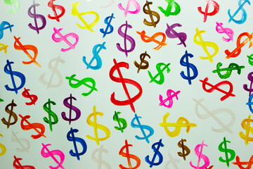 Pattern from colored symbols of dollar, background from watercolor paints