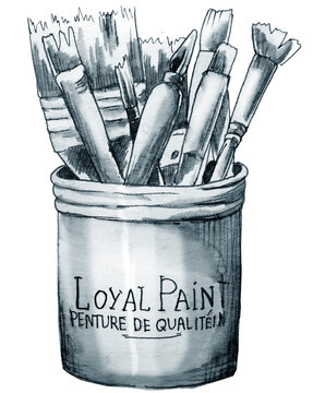 Brushes in a cup with a sign "Loyal Paint penture de qualitein" black and white watercolor illustration