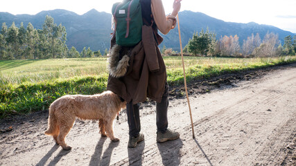 Hombre blanco barbudo con mochila y bastón junto a su perro paseando por el monte