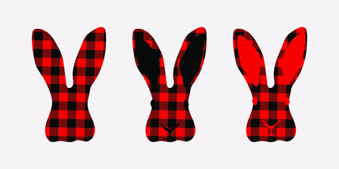 Rabbit made of red and black checkered fabric. Big ears of a hare for applications, greeting cards for Easter Day, for printing on cups, T-shirts. Vector illustration.