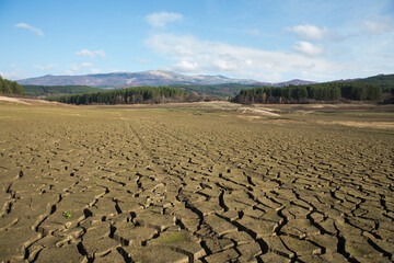 The drought bottom of the an empty dam in Bulgaria. Hot weather and climate changes makes the dam almost empty in 2021. Climate disaster.
