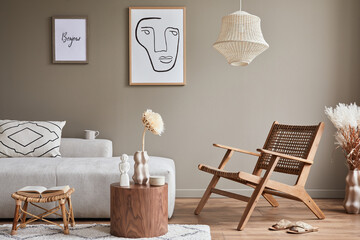 Modern concept of living room interior with design modular sofa, rattan armchair, dried flowers in...